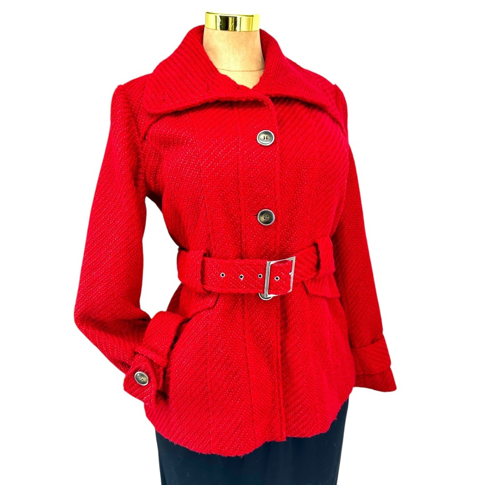 Red Wool Blend Belted Coat Sz L Chunky Herringbone‎ Weave Pockets Lined Apt 9
